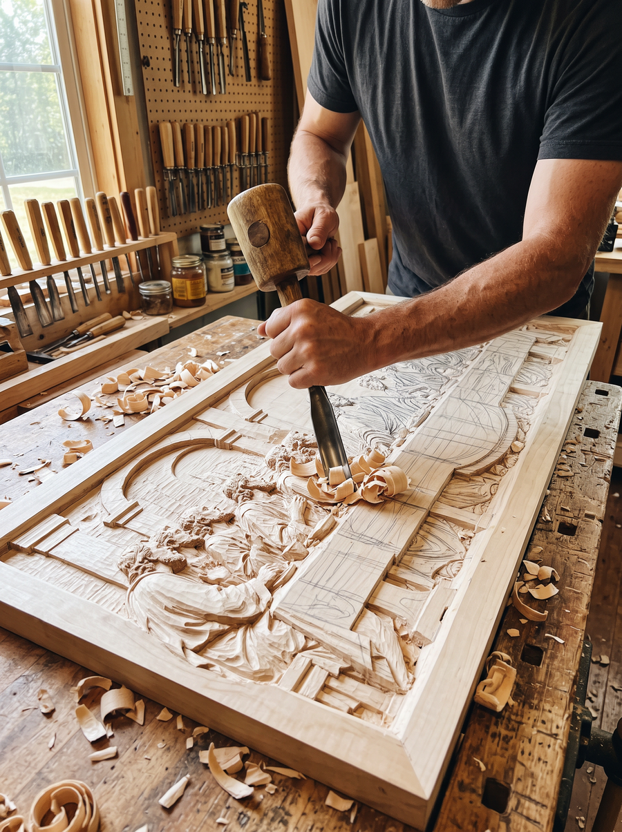 Hand-carving the Last Supper in our workshop