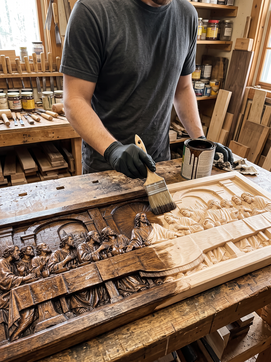 Hand-carving the Last Supper in our workshop