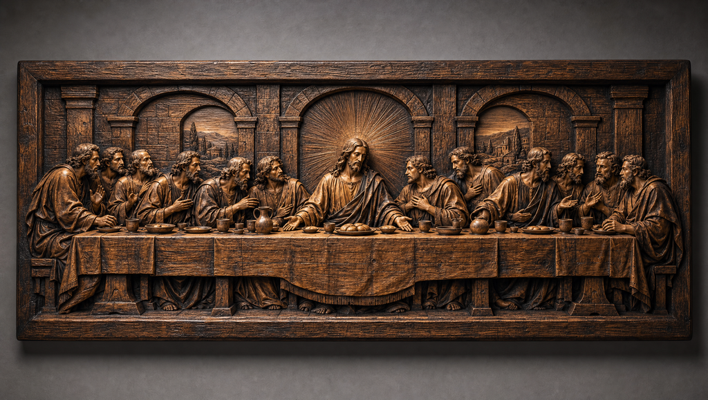 The Last Supper hand-carved wood wall art, front view