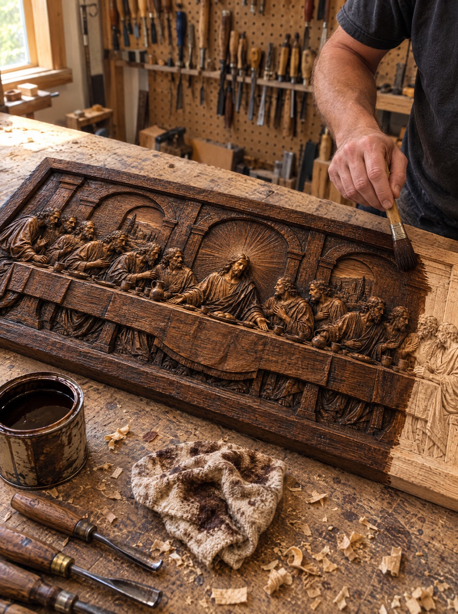 Hand-carving the Last Supper in our workshop