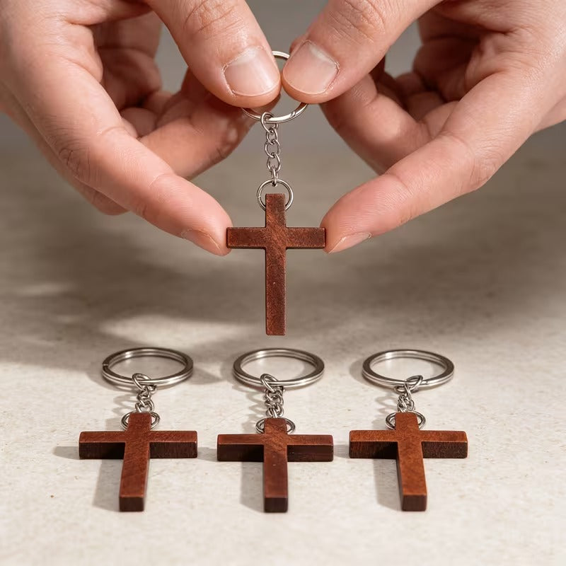 Wooden cross keychain