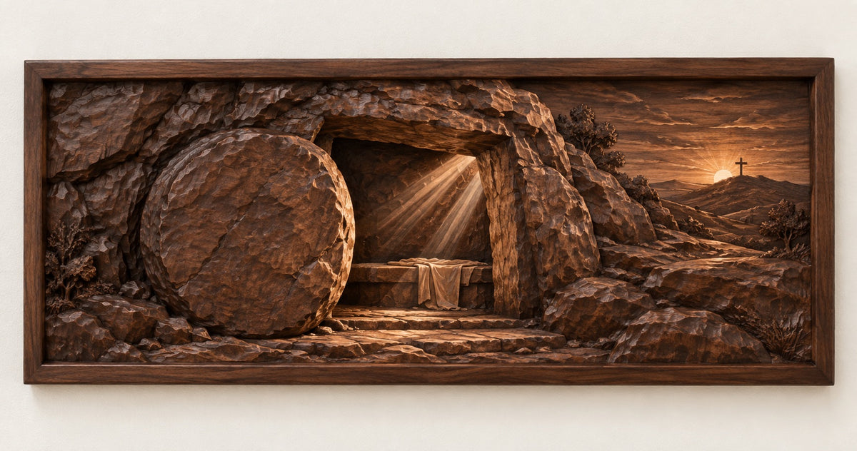 He Is Risen empty tomb hand-carved wood wall art