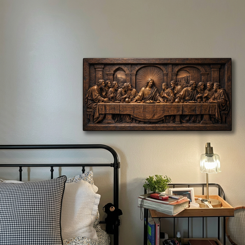 Last Supper carving above a shelf in a cosy reading corner