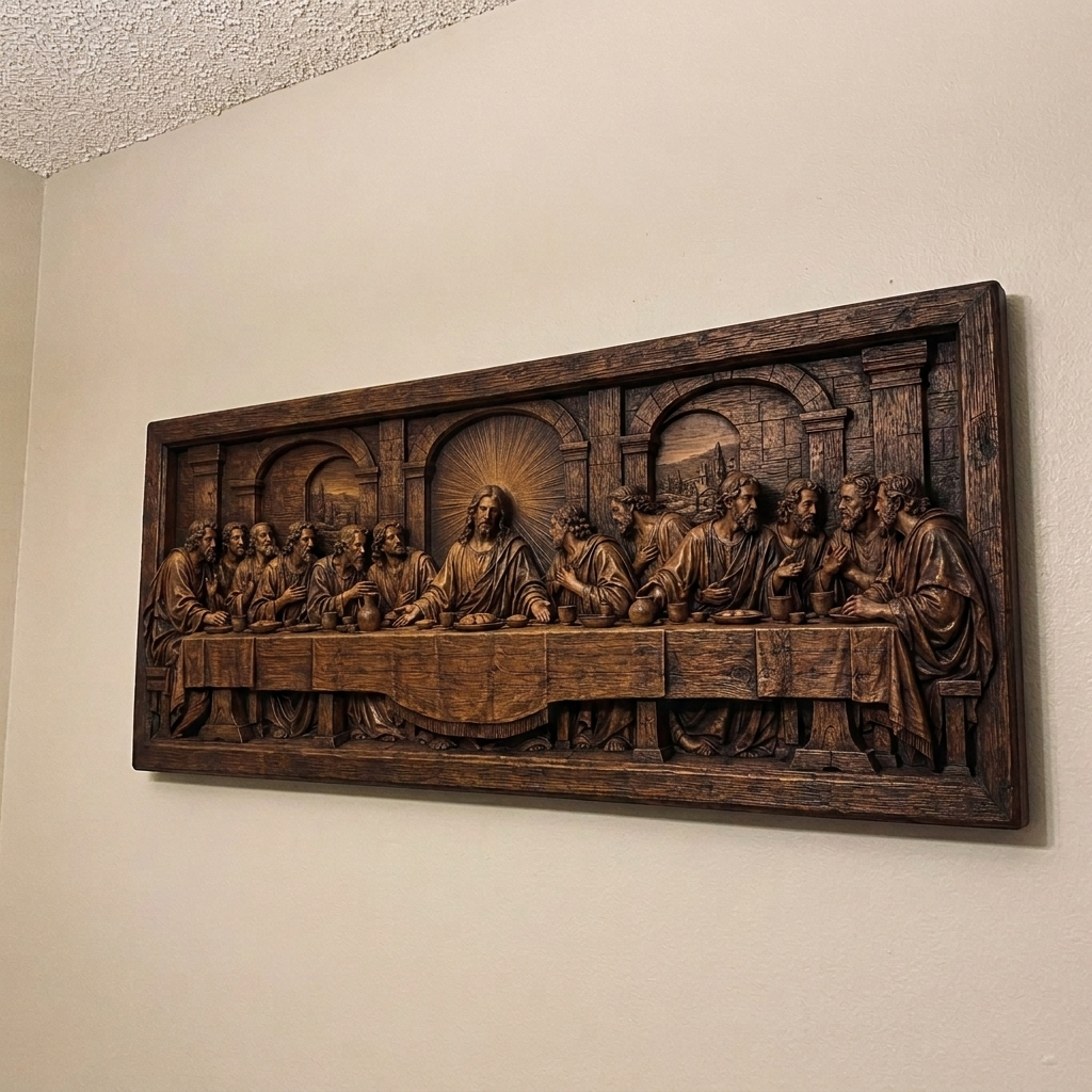 Last Supper carving on a plain wall, side view